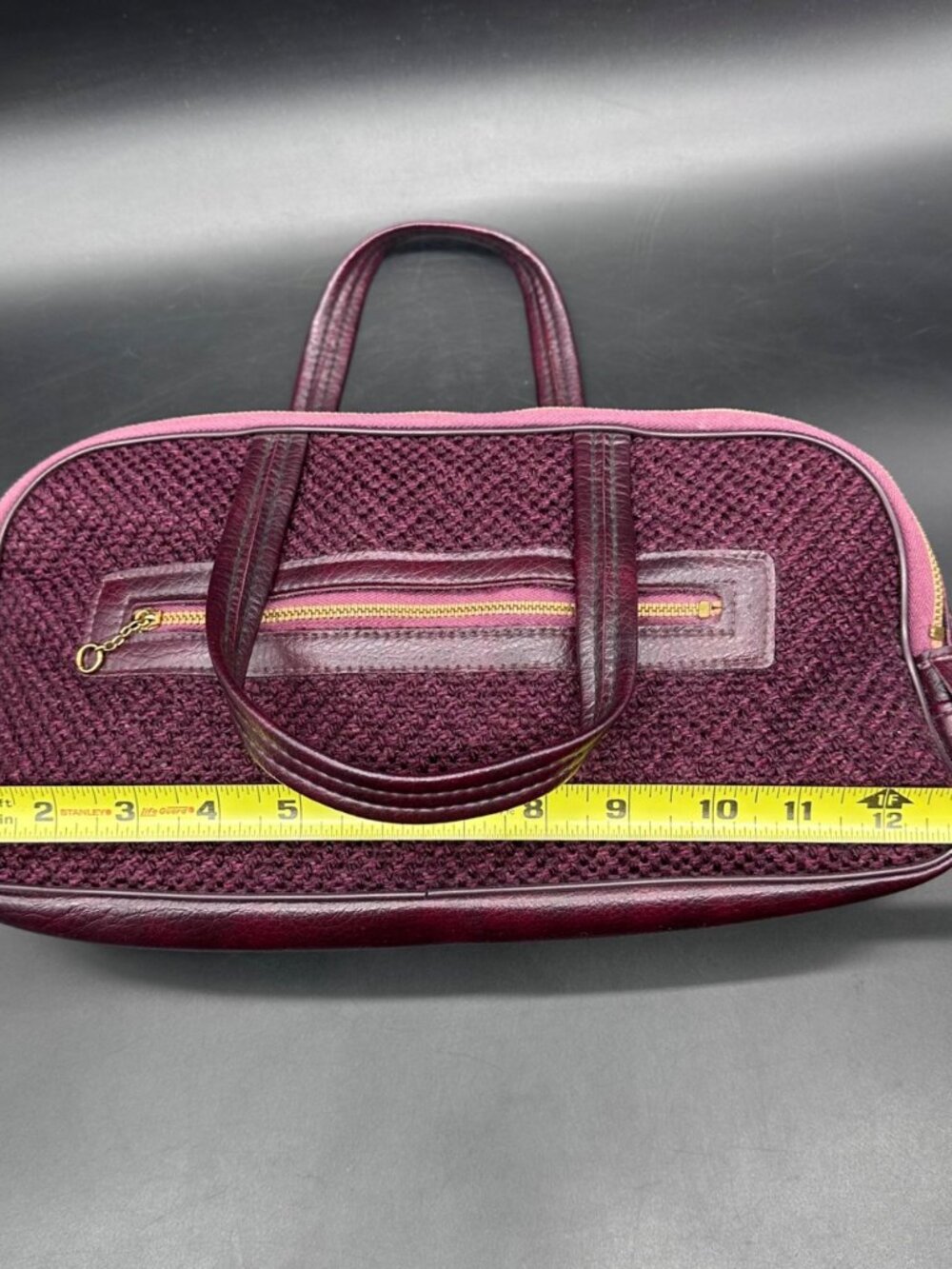 Vintage Purse Handbag 1970s Burgundy Woven Faux Leather Dual Handles Retro Fashi - Picture 10 of 12
